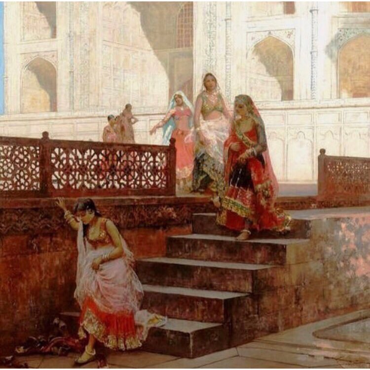 A curation of paintings by Orientalist Edwin Lord Weeks, who, over three long trips in the 1880s, painted India. Swipe ~The Silk Merchants | Merchants along a street in Bombay, 1883 | Start for the Hunt at Gwalior, 1884-85 | Nautch girls emerging from the Taj Mahal, 1885