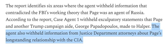 It's **right there** in the DOJ IG Horowitz FISA Abuse report from last December that the FBI Special Supervisory Agent [SSA] Stephen Somma deliberate hid **a lot** of stuff from the FISA Court to get the Page warrant - including that Page was a longtime CIA source.