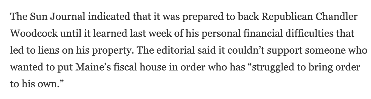 Remember this? From 2006, the  @sunjournal refused to endorse the GOP candidate for governor because of 10 tax liens on his property. With that context, have we got a story for you... #GideonsWay  #mepolitics