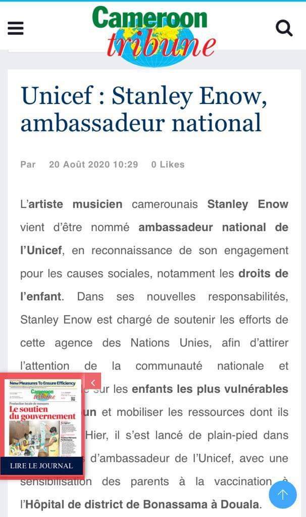 Dear #KingKongNation THANK YOU ! Please share so that my father can see ❤️❤️🕊🕊
#Unicef
#GoodwillAmbassador
#CameroonTribune
