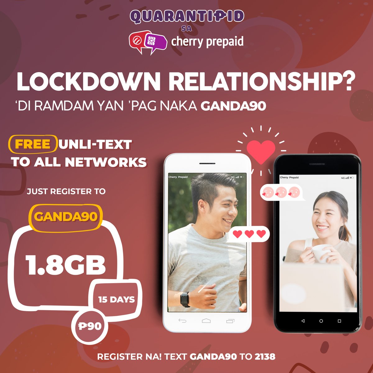 LDR? no problem! Sagot kayo ng #sulit GANDA90 ng Cherry Prepaid. Get 1.8GB + FREE UNLI-TEXT to all networks for 15 days! Matagal ang expiry, kaya siguradong mahaba-habang babe time ‘yan this long weekend! 🤪😍

—

*Promo runs from August 1- September 30, 2020
#AngSulitChoiceMo