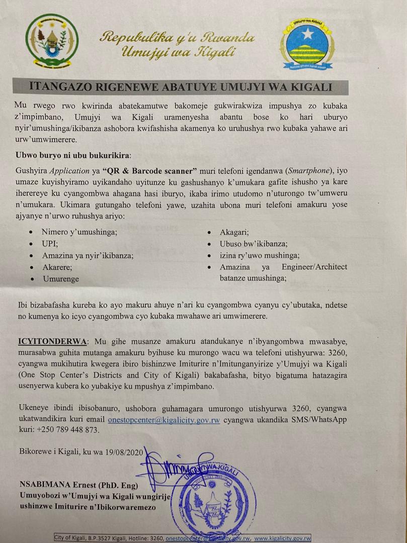 CityofKigali's tweet photo. Mu rwego rwo kwirinda abatekamutwe bakomeje gukwirakwiza impushya zo kubaka z’impimbano, Umujyi wa #Kigali uramenyesha abantu bose ko hari uburyo nyir’umushinga/ikibanza ashobora kwifashisha akamenya ko uruhushya rwo kubaka yahawe ari urw’umwimerere. https://t.co/Tb0KXt0Gyl