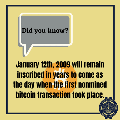 January 12th, 2009 will remain inscribed in years to come as the day when the first nonmined bitcoin transaction took place.