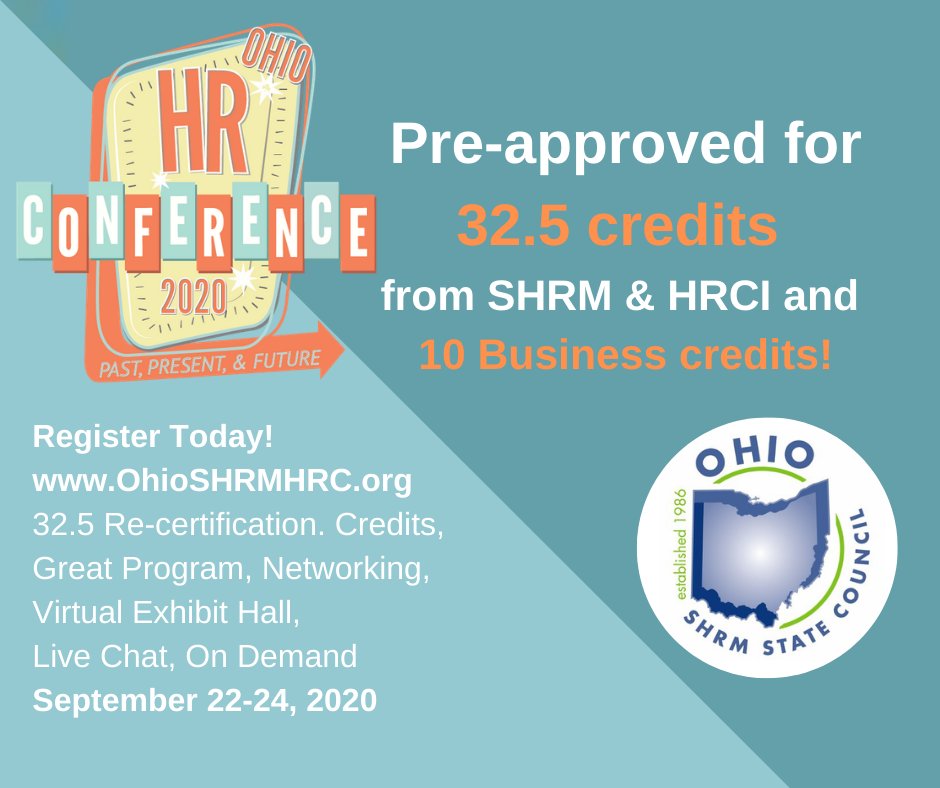 OHSHRM's tweet photo. We have some great news: the 2020 Ohio HR Conference has been pre-approved for 32.5 SHRM PDCs and the same number of recertification credits from HRCI. Further, 10 of the credits are pre-approved for Business! 💥 Register at: https://t.co/TSV6X7txQW #OHSHRM20 https://t.co/A3c8YVX7aB