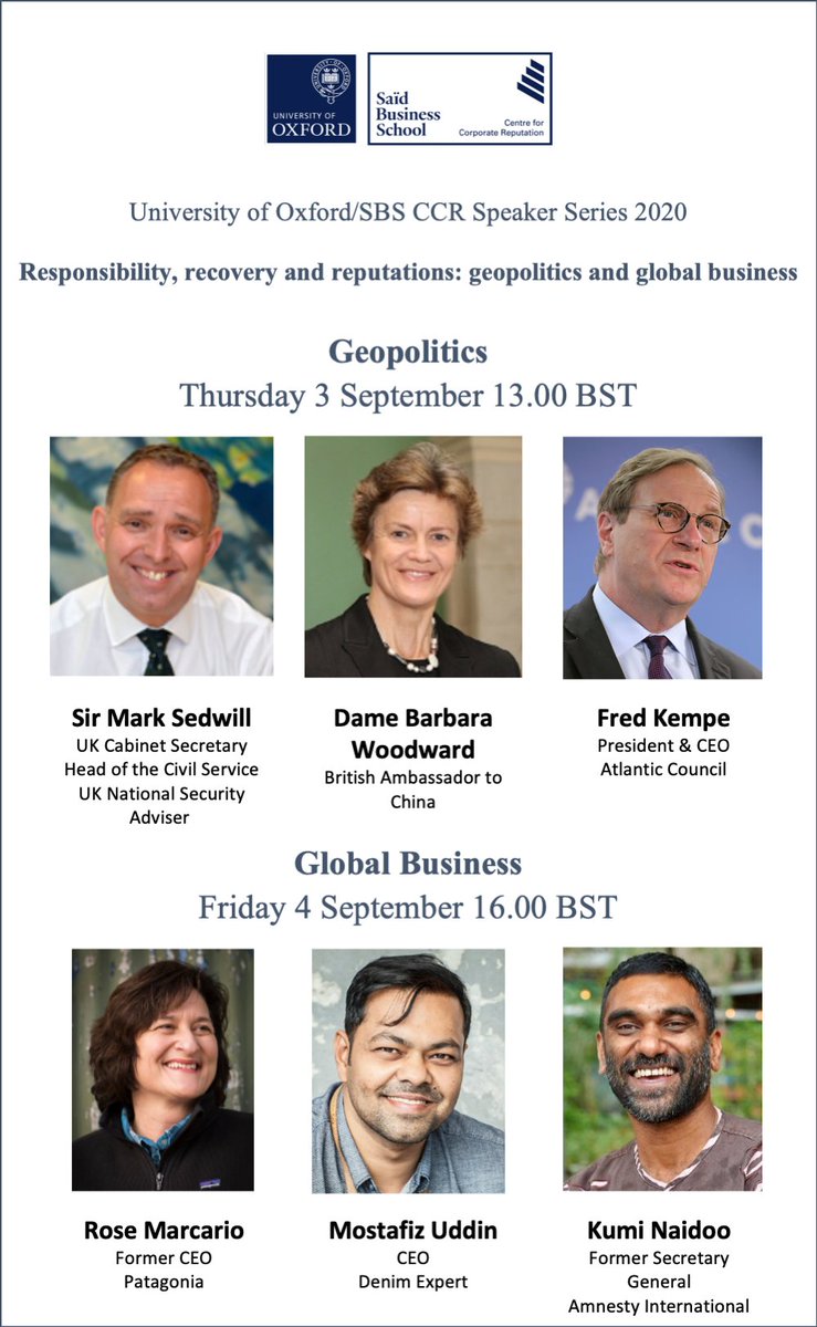 Reputation Oxford (@reputationoxfd) on Twitter photo Please join us on 3-4 September for two outstanding online panel discussions with leaders from govt, business and civil society including <a href="/marksedwill/">Mark Sedwill</a> <a href="/kuminaidoo/">Kumi Naidoo</a> <a href="/FredKempe/">Fred Kempe</a> <a href="/mostafiz_uddin/">Mostafiz Uddin</a> to explore reputational impacts of the pandemic. Info/register: cvent.com/d/17qqlv Please join us on 3-4 September for two outstanding online panel discussions with leaders from govt, business and civil society including <a href="/marksedwill/">Mark Sedwill</a> <a href="/kuminaidoo/">Kumi Naidoo</a> <a href="/FredKempe/">Fred Kempe</a> <a href="/mostafiz_uddin/">Mostafiz Uddin</a> to explore reputational impacts of the pandemic. Info/register: cvent.com/d/17qqlv