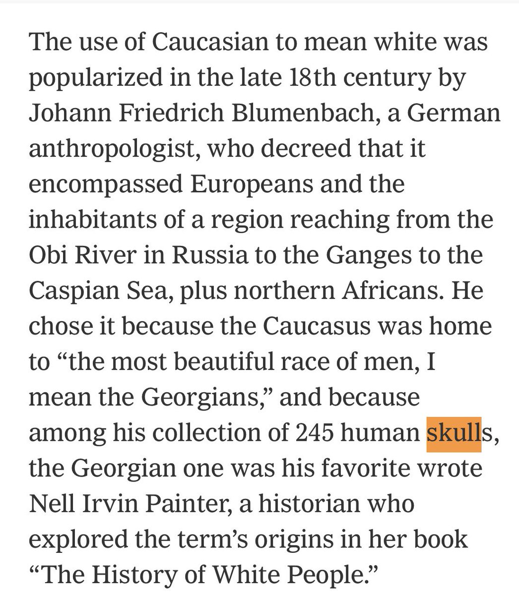 Here’s another. The term Caucasian to mean whiteness is not derived from the origin of a group of people.It came from an anthropologist who was studying skulls, and one of his favorite in his collection, came from the Caucasus.If that ain’t the most macabre, occult thing.