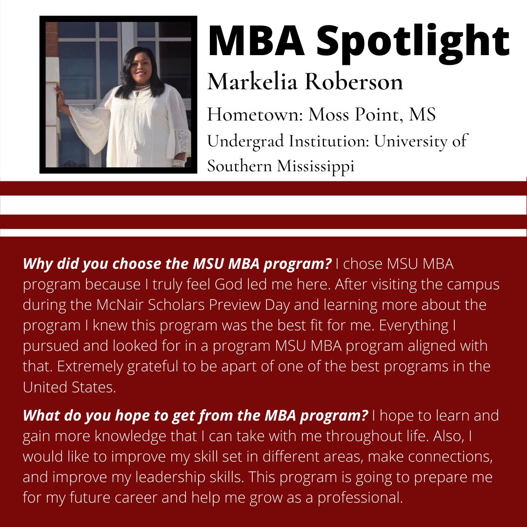 MSStateMBA's tweet image. Happy Maroon Friday!!

Today's student spotlight is Markelia Roberson! Markelia graduated from the University of Southern Mississippi with a degree in Mass Communications.  #msstatemba

Learn more about the MSU MBA Programs at buff.ly/2C47pek