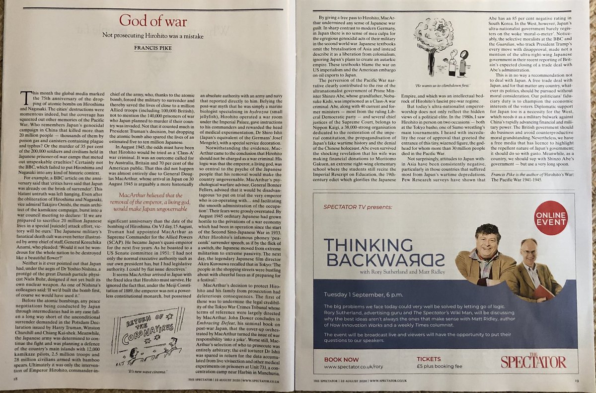 Great article in  @spectator by Francis Pike countering the malign untruth that Japan was about to surrender in August 1945 before the A-bombs were dropped. I made the same point on  @BBCOne on VJDay. It’s a piece of wishful, woolly thinking. Likewise, MacArthur’s I’ll-judged