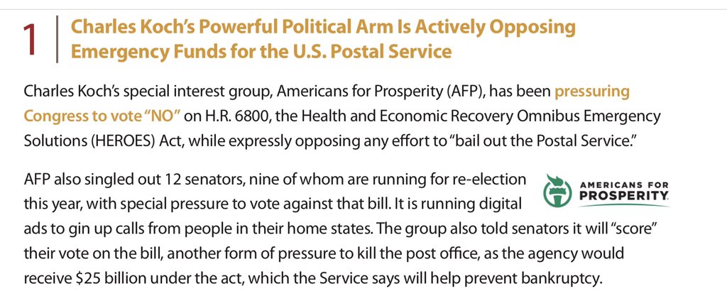 #1 Charles Koch may have distanced himself from Trump, but he never got out of lobbying key Republican Senators to not bail out USPS. He’s targeting 12 senators, nine of whom are running for re-election in 2020.6/