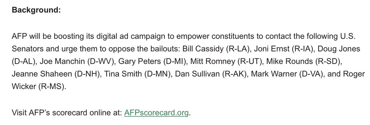 The ads that AFP will be running will be asking constituents to contact the Senators below:R CassidyR ErnstD JonesD ManchinD PetersR RomneyR RoundsD ShaheenD SmithR SullivanD WarnerR WickerThey will also be scored.17/