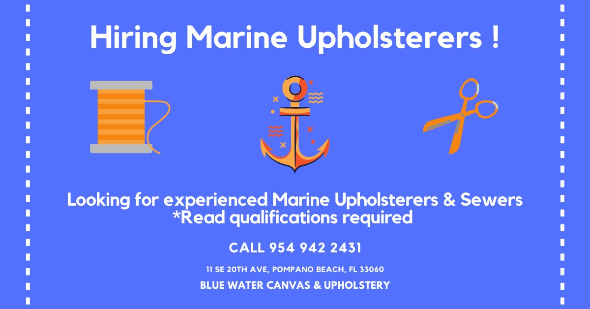 3+ years of experience
Sewing skills
Able to use power tools
Follow direction
Able to multitask with the team
Full time position Mon-Fri 8:00am-5:00pm
Must have transportation
Must speak English and have a valid ID
Competitive pay and earned vacation benefits
CALL 954 942 2431