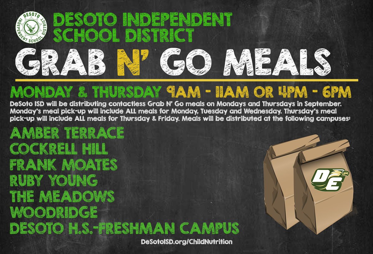 desotoisdeagles's tweet photo. Starting Tuesday, September 8, 2020, district students will be able to enjoy nutritious meals through contactless Grab N’ Go meal distribution at several DeSoto ISD campuses. 
Learn  more: https://t.co/qmdO40SPvc https://t.co/bXrLhEeK88