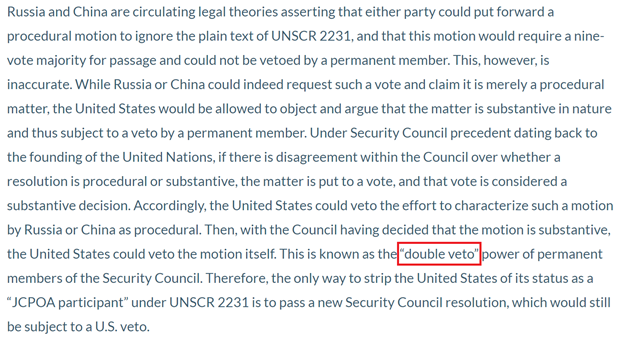 34)What is the “double veto” power? https://fdd.org/in-the-news/2020/07/09/faq-the-snapback-of-un-sanctions-on-iran/Important segment here