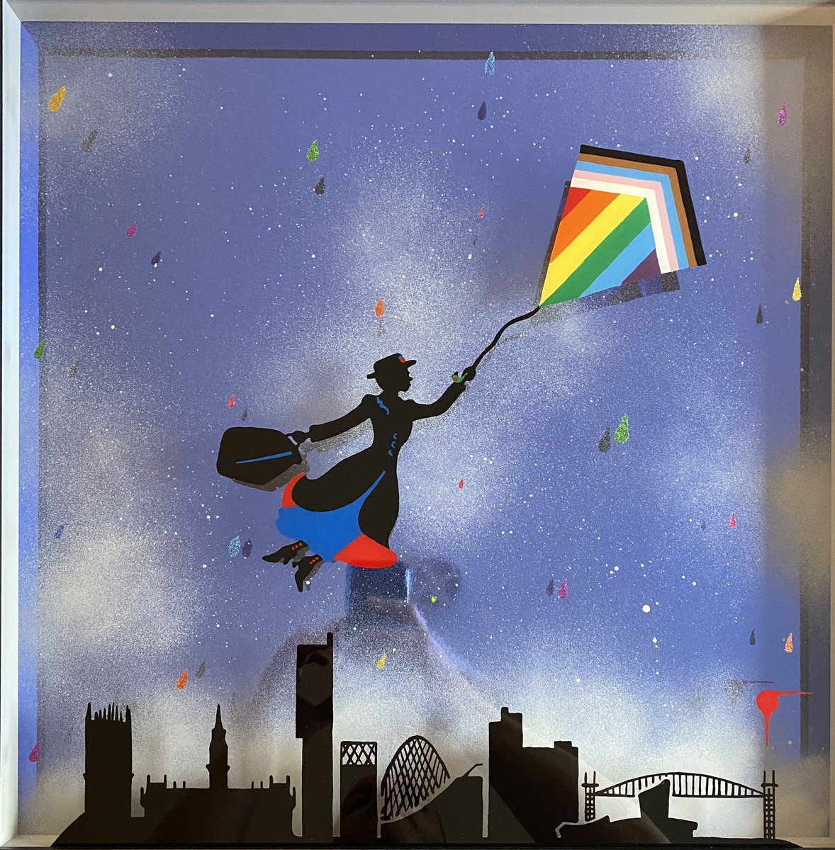 Mary Poppins flying over the Manchester skyline on the inclusive rainbow flag with reflective background and rainbow glitter raindrops! Better than I ever saw in my head! Thank you so much @CJTaylordArt for this amazing piece! 🖤🤍❤️🧡💛💚💙💜
