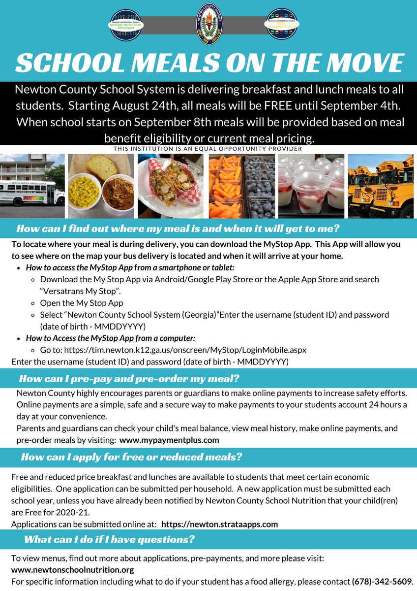 We will be providing Meals on the Move starting Monday, August 24th!!  Buses will be delivering delicious, FREE meals to all students.  Locate your meal delivery by downloading the MyStop App today.  #NCSSbetheBEST #FuelingGA <a href="/NewtonCoSchools/">NCSS</a>