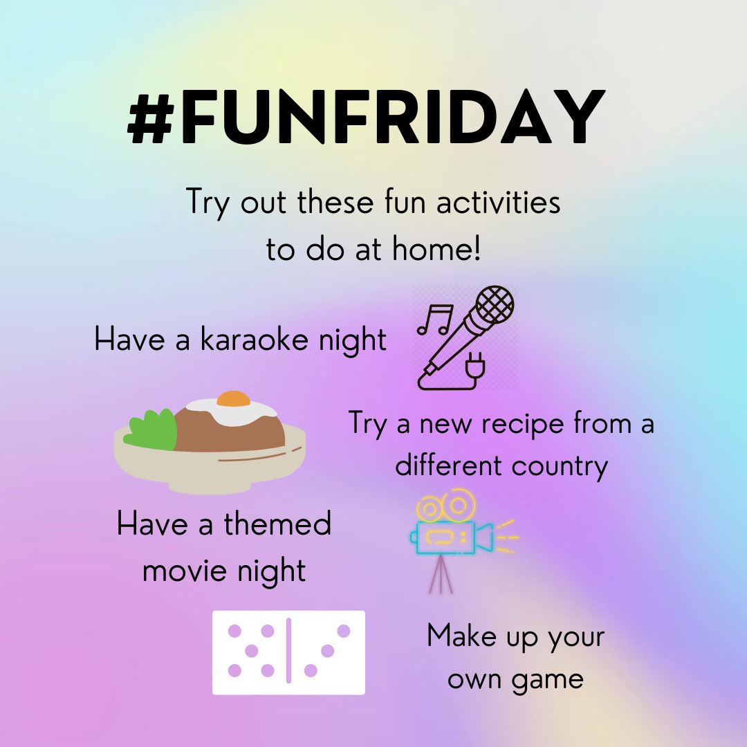 Check out some ways to stay busy while still being safe inside. YouTube and Pinterest are great places to find inspiration for how to execute these activity! #FunFriday