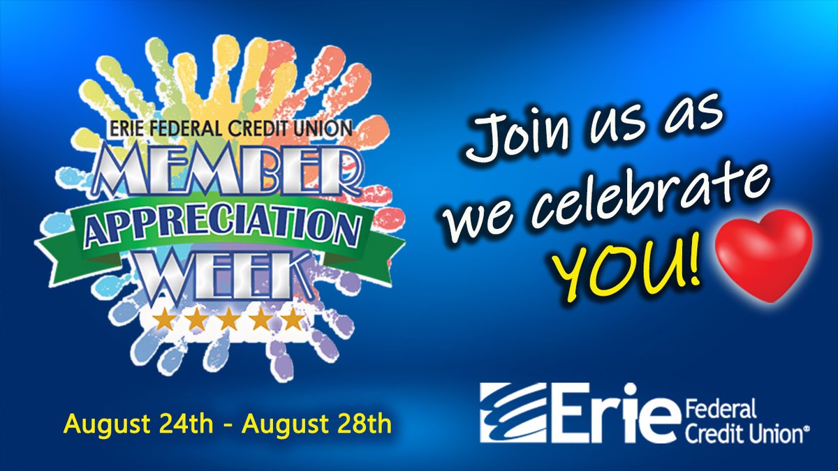 Member Appreciation Week begins Monday! Fun activities and special giveaways at the branches, drive-thus and on our Facebook page.  Like our page to 'get in to win' in our daily giveaways! Happy Member Week! We❤️our members! eriefcu.org/member-appreci… #memberweek #eriefcu #thankyou