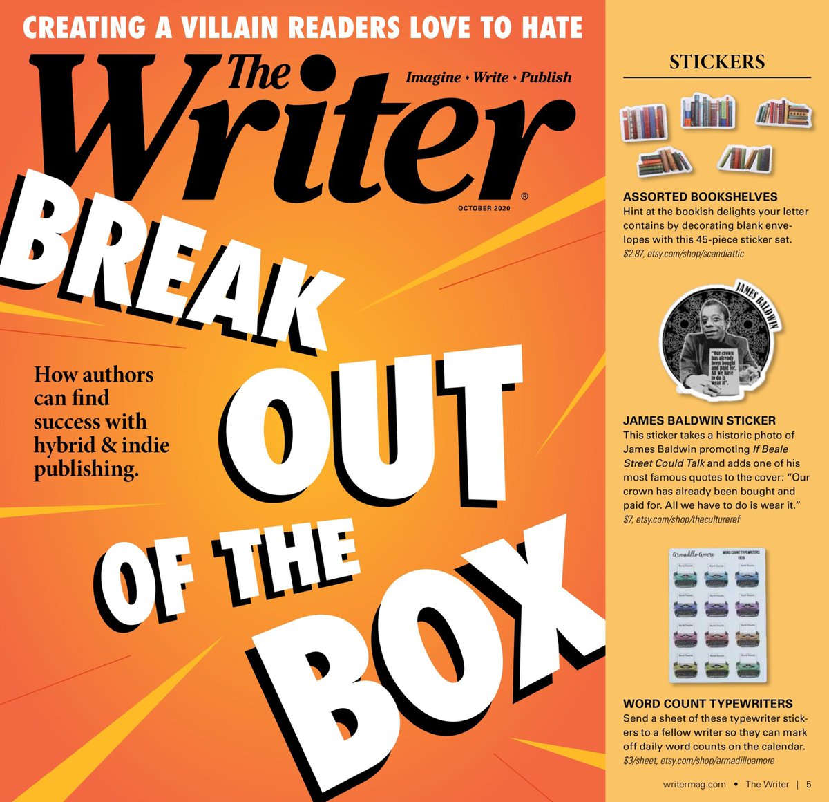 TheCultureRef's tweet image. Our James Baldwin quote sticker is featured in @TheWriterMag's current issue. The longest running magazine for writers in the U.S.!!!

Shouts to @stickermule for making our stickers. 

Available here:
etsy.com/listing/762253…
