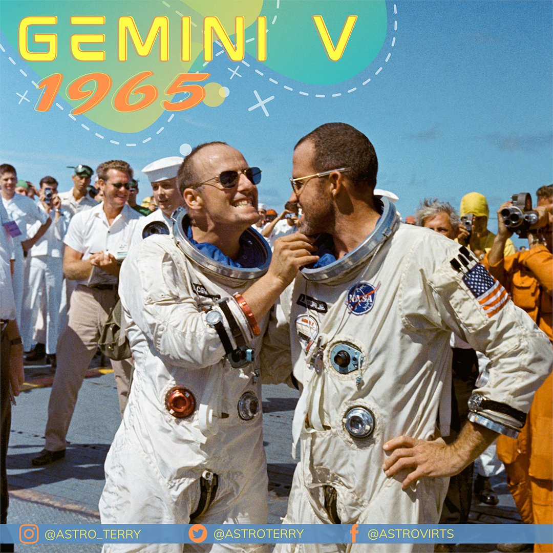 AstroTerry's tweet photo. #NASA Gemini Program paved the way for Apollo Moon Landings. Gordo Cooper &amp; Pete Conrad are happy after a successful space mission. I know the feeling. #Fridayfeeling #MissionAccomplished #GeminiV #Astronaut https://t.co/qIQ887gVqF