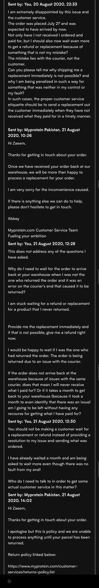 ZaeemShoaib's tweet photo. @Myprotein Extremely disappointed with MyProtein Pakistan's customer support. 
Putting the burden of your mistakes on the costumer is not the way to do things. https://t.co/wr351svpgc