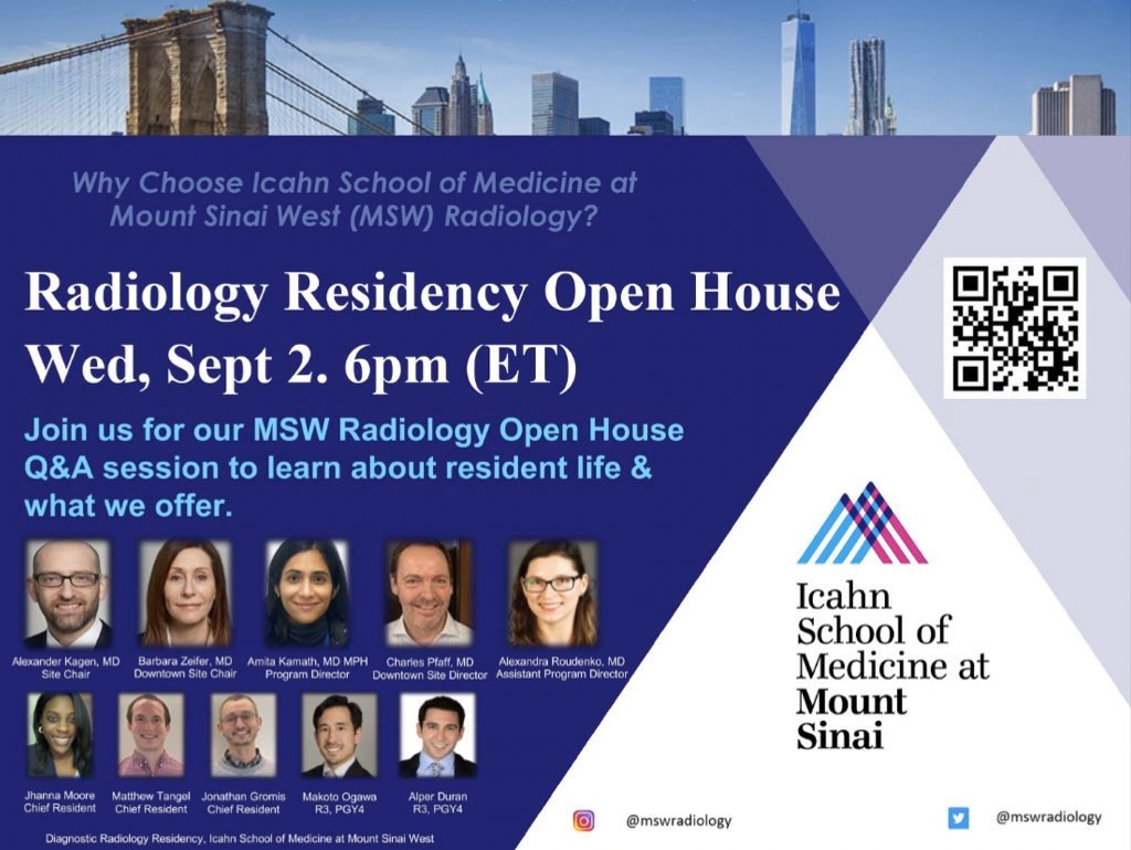 Please join the Mount Sinai West Radiology Residency Q&amp;A session on Sept 2nd, 6pm and meet our faculty and residents! Register via the QR code or link below. 
 <a href="/futureradres/">Future Radiology Residents</a> <a href="/RSNA/">RSNA</a> <a href="/SIRRFS/">SIR RFS</a> <a href="/RadiologyChicks/">RadCX™</a> 
mountsinai.zoom.us/meeting/regist…