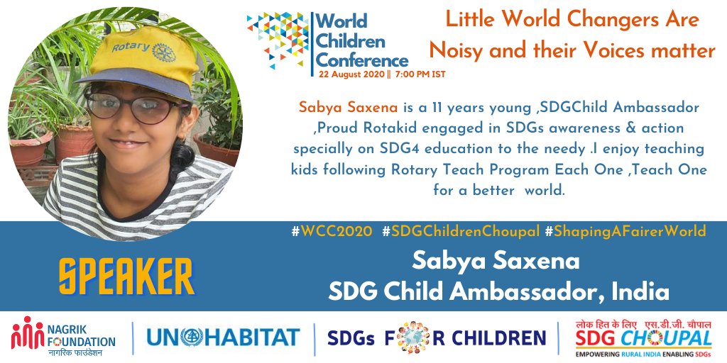 SDGsForChildren's tweet photo. Let's welcome @ThegreatSabya to #WorldChildrenConference #WCC2020 as Speaker
Topic- "Little World Changers are Noisy and their Voices matter"
@sdgchoupal @nagrikfdn @unhabitatyouth @DeepakDwivedi_ @rtn_sandeep @Ayushchopra24
@DainikNoida @DainikBhaskar @Rotary @TeachSDGs https://t.co/jPZhjvb3N3