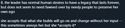 8. Olamina begrudgingly accepts some idolization, but never becomes completely comfortable with it. she doesn't spend time pitting her members against each other, raising and lowering status, mucking about in their personal lives unless she really really has to