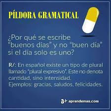Plural expresivo …estanteriallenandovacios.blogspot.com/2020/08/el-plu…

El plural expresivo no denota cantidad sino intensidad para expresar algo. En situaciones cotidianas acostumbramos a enviar «saludos» a una persona o nos referimos a las «bodas de oro»

#AprendemosMás #ortografía #lengua #Curiosidades