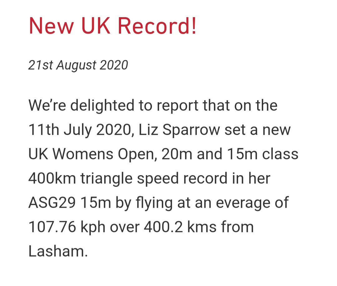 WomenGliding's tweet photo. A new UK gliding speed record! Congratulations Liz, this is some super flying!
Liz's record flight was on 11 July 2020. She flew a 400km triangle at 107.76 kph!
#womeninaviation #ukrecord #femalepilot #gliderpilot https://t.co/JCAZdxWEbY