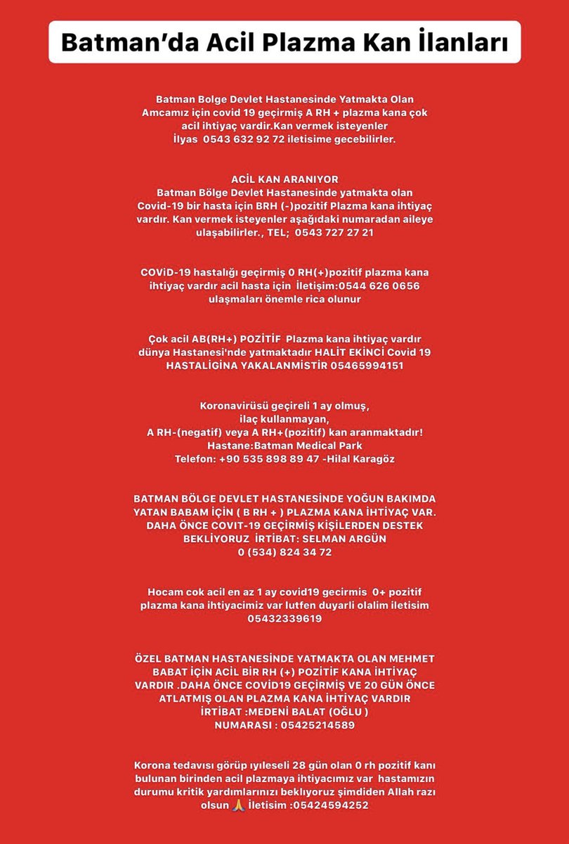 İnstagram Hesabımızda Günde Onlarca Acil Plazma Kan İlanı Paylaşıyoruz.Bu Kan İlanlarının Batman’da Durumun Ne Kadar Ciddi Olduğunu Göstermektedir.Koronavirüsün zirve yaptığı Batman için harekete geçilmeli. Acil Sahra Hastanesi yapılmalı #batmandakoronapatlaması #BatmanaSahipCık