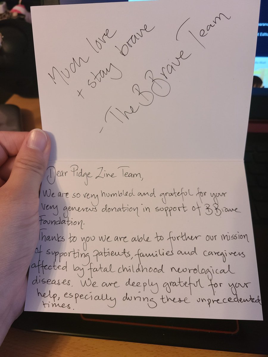 PidgeZine's tweet photo. Second, the total of $860.36 was donated to the B Brave Foundation! We got this cute little card and also got an email from the foundation, as well. Despite that all that had happened, I want to say that this zine was a success. https://t.co/Da1EvP2FrS