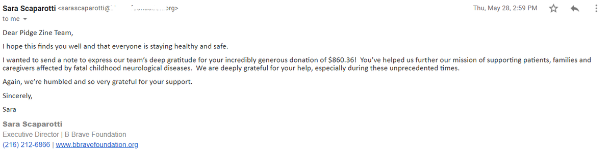PidgeZine's tweet photo. Second, the total of $860.36 was donated to the B Brave Foundation! We got this cute little card and also got an email from the foundation, as well. Despite that all that had happened, I want to say that this zine was a success. https://t.co/Da1EvP2FrS