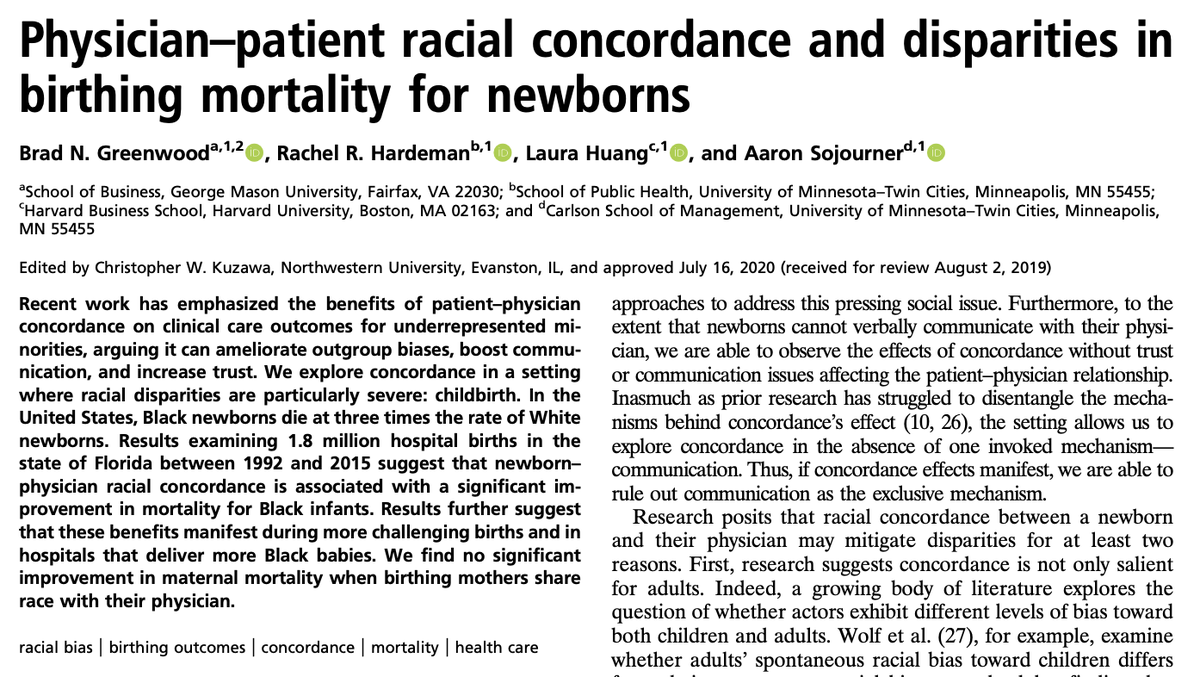 Before digging in, here’s the paper. The article looks at ”1.8 million hospital births in Florida between 1992 and 2015” and finds Black doctors are ”associated with a significant improvement in mortality for Black infants.” 2/  https://www.pnas.org/content/early/2020/08/12/1913405117