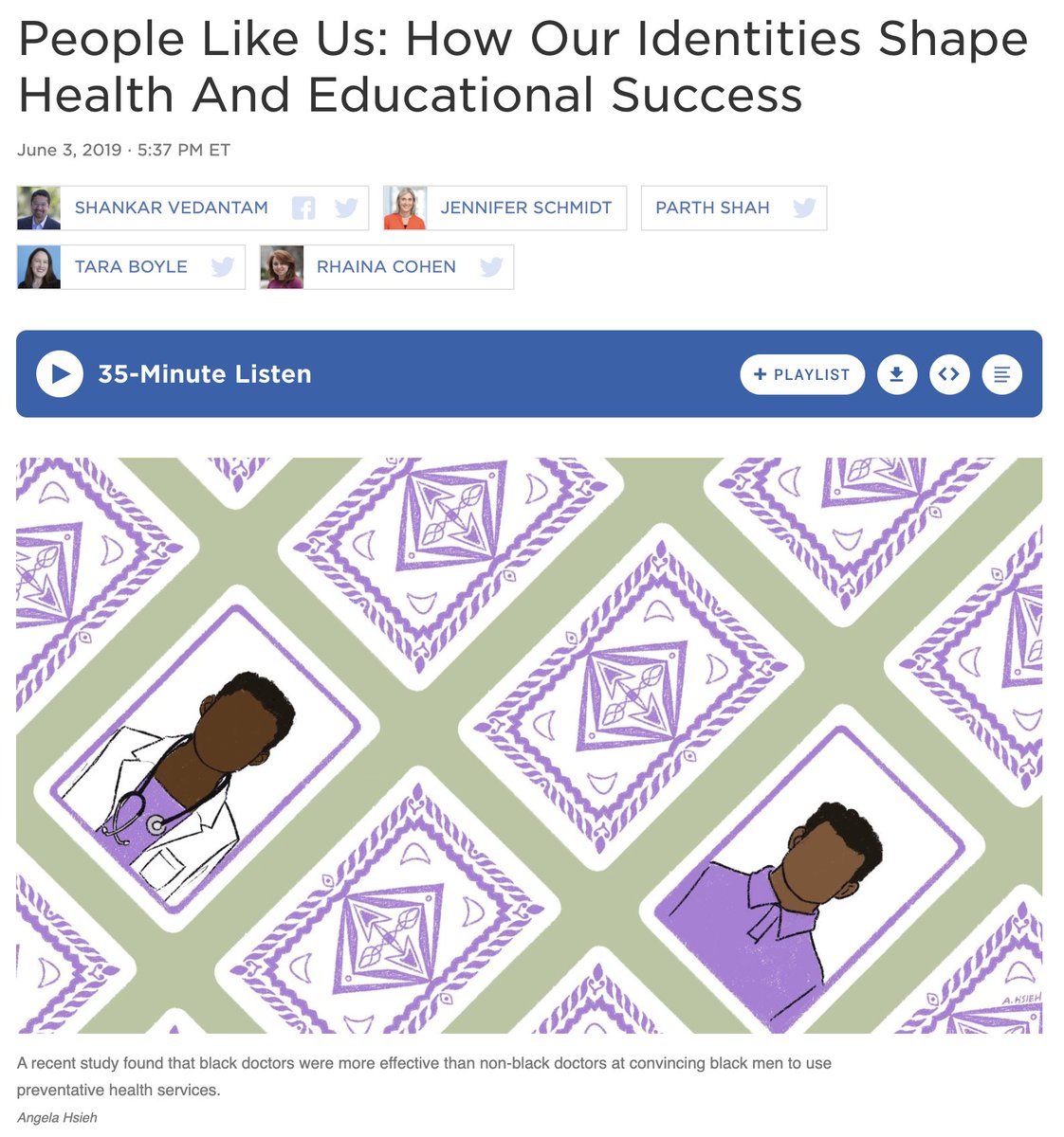 This is an important issue and I’m glad the authors are trying to understand the “benefits of patient–physician [race] concordance for underrepresented minorities.” This  @HiddenBrain podcast episode offers a good overview of the larger literature. 3/  https://www.npr.org/2019/06/03/729275139/people-like-us-how-our-identities-shape-health-and-educational-success