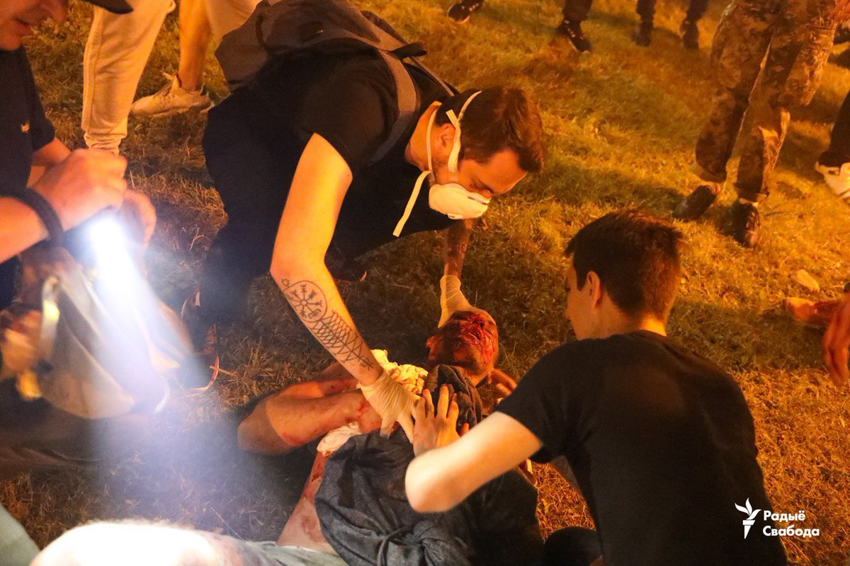 Protesters wounded during clashes with security forces in Minsk tonight.