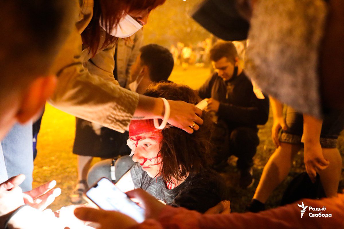 Protesters wounded during clashes with security forces in Minsk tonight.