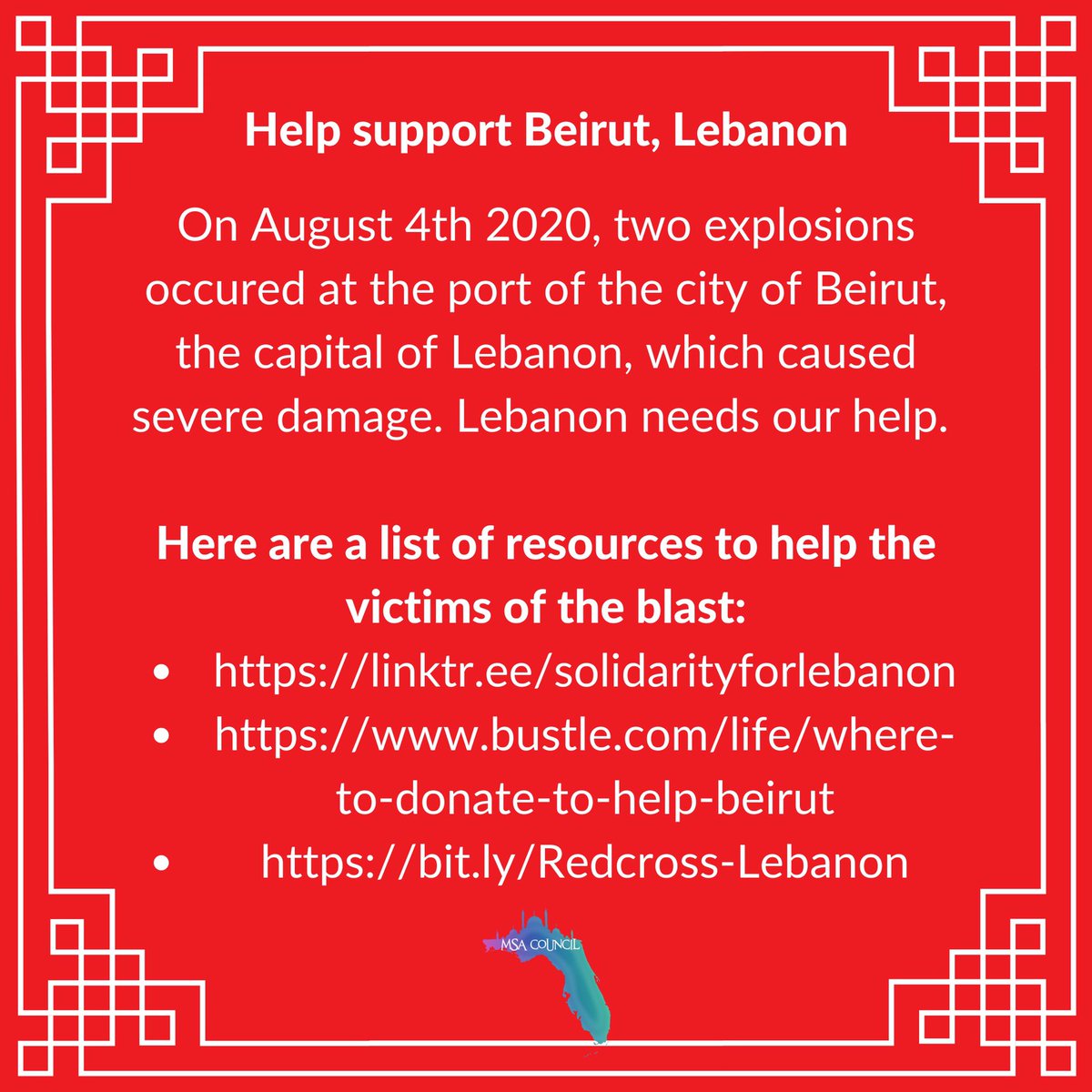 TheMSAGames's tweet photo. Florida MSA Council stands with Beirut and prays for a speedy recovery. Please follow the links to help Beirut. If you are not able to donate, spread the word. 

https://t.co/29d0Jj9AzT https://t.co/AYsHk6OzNr
