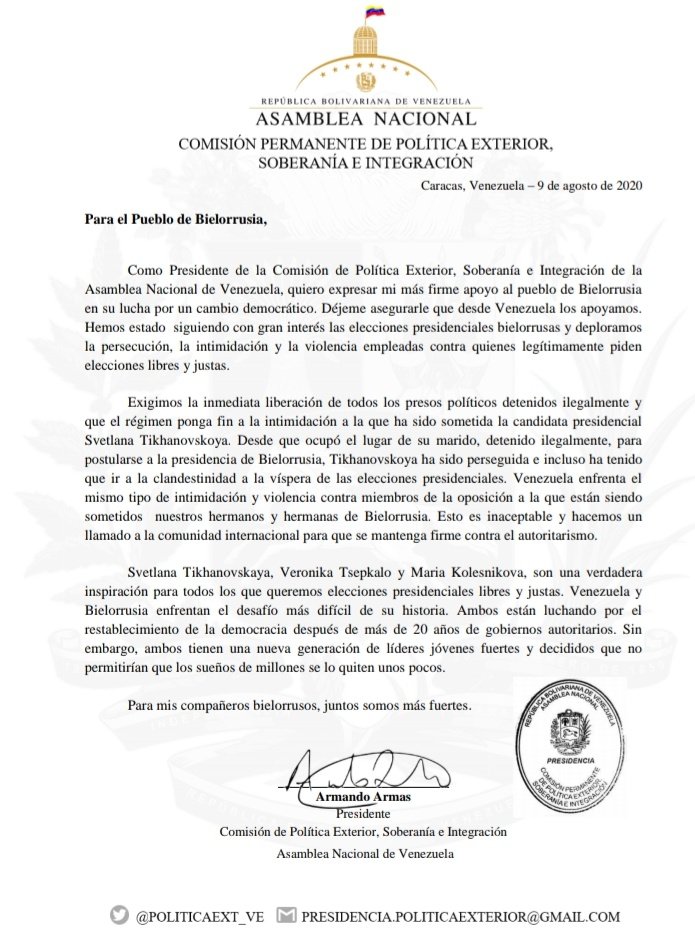 La oposición venezolana apoya las protestas en Bielorrusia con una declaración oficial.