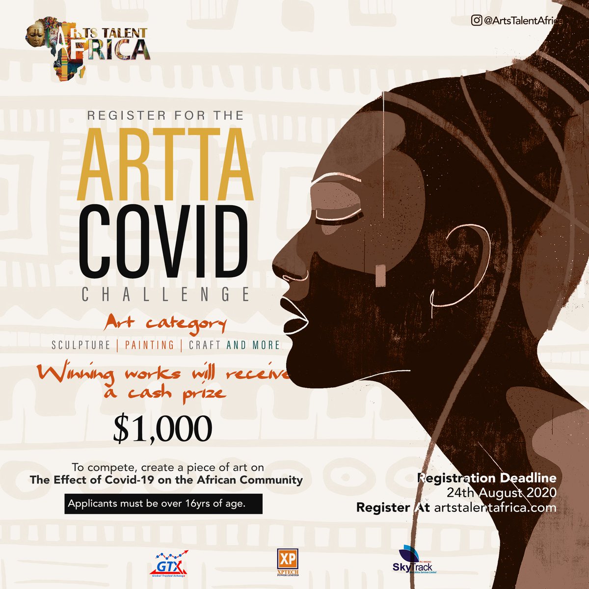 ArtsTalentAfric's tweet photo. Hello! Artists Stand a Chance to Win $1,000 in the ARTTA COVID-19 Challenge 🎉 

Register now at https://t.co/HiwdTJJ8xZ
Deadline: 24th August 2020

Share with talented artists and Follow us on social media @ArtsTalentAfrica

#ARTTACHALLENGE #ArtsTalentAfrica https://t.co/rW3EAzBcBb