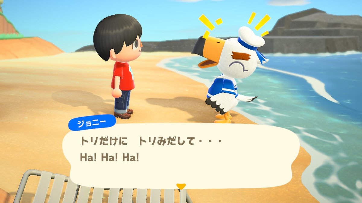 Newもりとwithツイッター局 どうぶつの森 Animalcrossing Acnh Nintendoswitch もりとのあつ森無人島生活 もりとのあつ森無人島生活 144日目 ジョニーの遭難 その2 さっきの混乱で取り乱していたみたい トリだけに取り乱してのギャグはあまりウケ