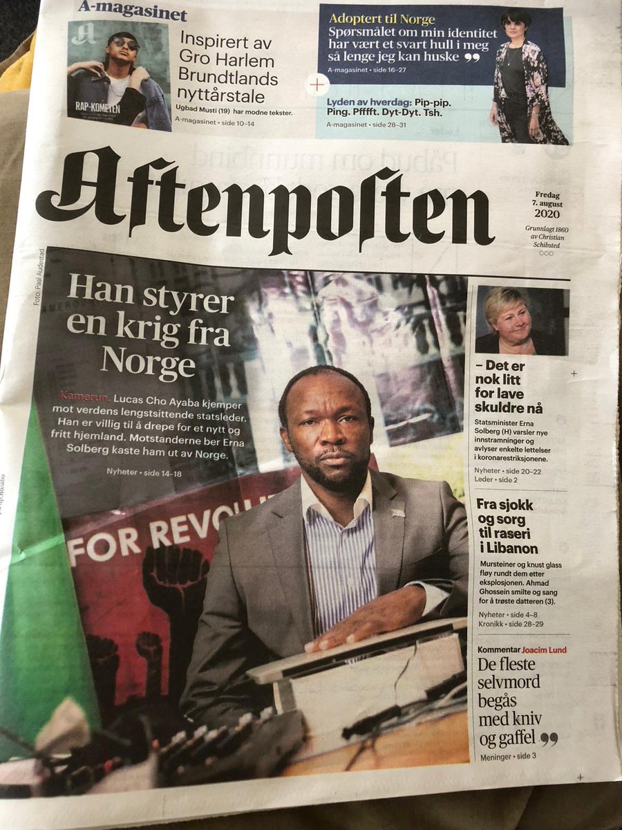 ChoAyaba's tweet photo. On Friday #Ambazonia was the major story on the most widely read Norwegian paper. This is a major step in our recognition campaign. During the interview l was informed of Biya’s attempt to get me deported. Be rest assured l fear no evil and ready to die in the defence of homeland https://t.co/YYIMD5zgUa