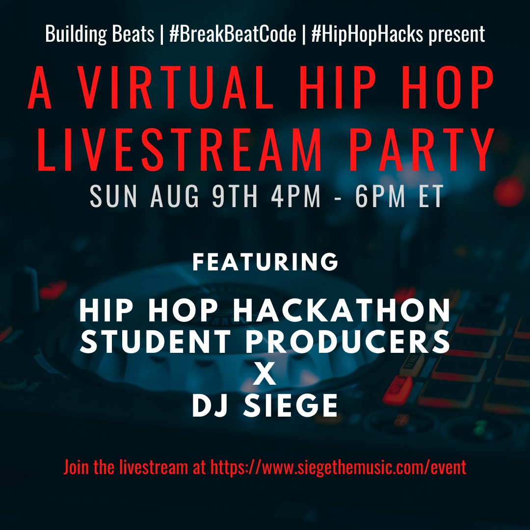 Join us at the Virtual Hip Hop Hackathon party at siegethemusic.com/event in 1 hour from 4-6pm Eastern Time to hear DJ Siege on the 1's and 2's remixing students' work from the workshop in a live DJ set! #breakbeatcode #hiphophacks, <a href="/breakbeatcode/">breakbeatcode</a>  <a href="/BuildingBeats/">Building Beats</a> <a href="/freestylelove/">Freestyle Love Supreme</a>