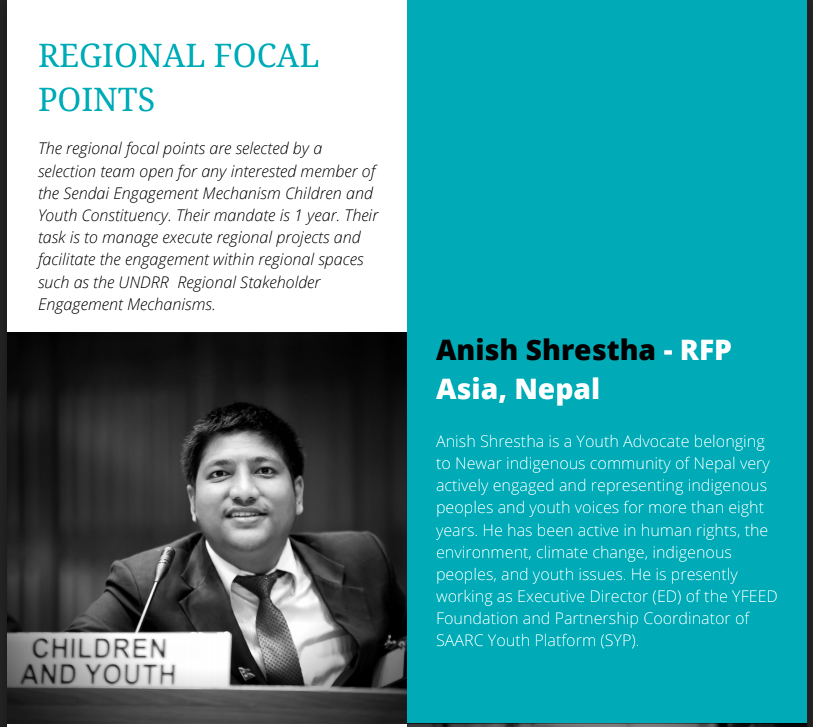 Many congratulations to  brother Anisha Shreshtha on your appointment as the UN Major Group for Children and Youth (UN MGCY) Asia Regional Focal Point for Disaster Risk Reductions (DRR) <a href="/anish_online/">Anish Shrestha</a> <a href="/AdivasiParishad/">Adivasi Parishad</a> <a href="/BpvmOfficial/">भीलप्रदेश विद्यार्थी मोर्चा</a> <a href="/Meena_smaj/">🏹 Meena 🏹</a> <a href="/TribalArmy/">Tribal Army</a>