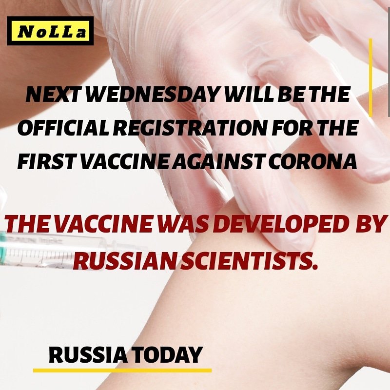 nolla_fi's tweet photo. Next wednesday will be the official registration for the first vaccine against corona.
The vaccine was developed by russian scientists. 
Source :russia today
#COVID19 #coronavirus #russiavaccine #RussianVaccine https://t.co/T8j1fpCLwe