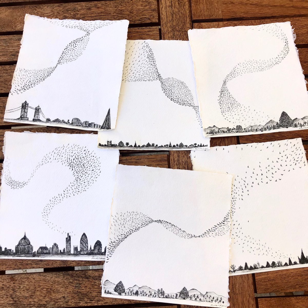 Excited to be back at #HandmadeHour to show you my latest drawing obsession: starling murmurations! Hope you like these efforts, there's more at etsy.com/shop/offlighta…