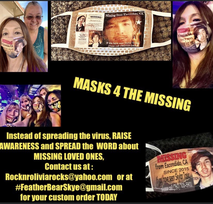 RocknroliviaRox's tweet photo. #THESKYALERTFOUNDATION is proud to present #MASKS4THEMISSING. Print pics/info to #HELPFINDTHEMISSING #featherbearskye.com. https://t.co/j5uApqQ61j