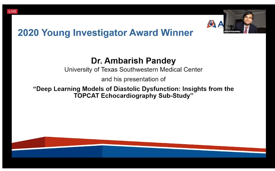 dranandrohatgi's tweet photo. Congrats to Dr. Ambarish Pandey for winning the 2020 Arthur E. Weyman Young Investigator's Award Competition at ASE!! @UTSWCardfellow @utswheart https://t.co/bWxR84UzLh