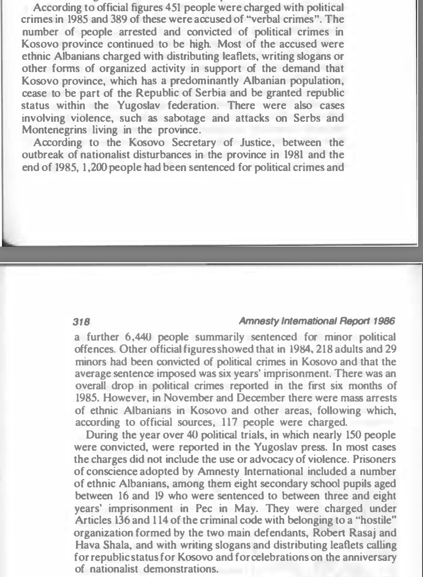 Thousands of Albanians were harassed, imprisoned, or even eliminated simply for having met X or Y, spoken about "Autonomy/Republic", read dissident newspapers, etc. To give an idea, Amnesty International (1986 Report) noted that 389 individuals were accused of "verbal crimes" (!)