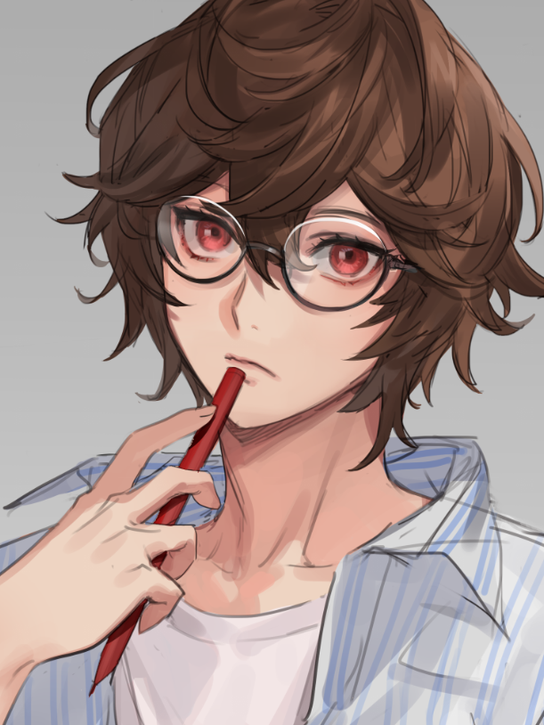 1boy male focus glasses red eyes brown hair shirt solo  illustration images