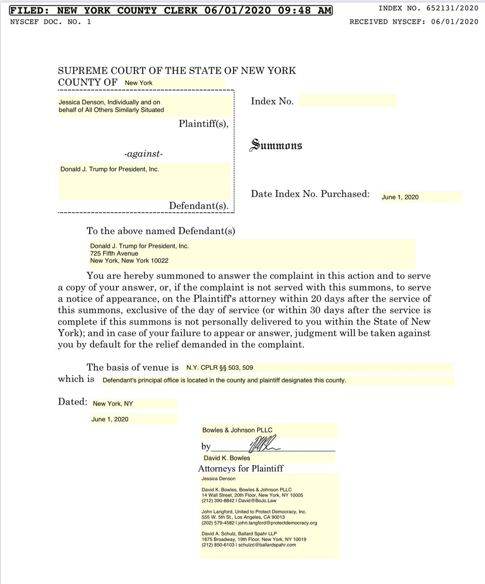 Original Complaint filed in NYS -June 2020NDA 2 provisionsprohibits disclosing any information “that Mr. Trump insists remain private.” -non-disparagement clause, prevents them from ever “demean[ing] or disparag[ing] publicly” President Trump... https://iapps.courts.state.ny.us/fbem/DocumentDisplayServlet?documentId=b5/RBI_PLUS_k6Zz3D8_PLUS_QSWuT3Q==&system=prod